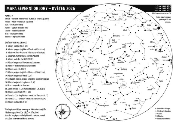 Mapa oblohy s úkazy v květnu 2026 Autor: Aleš Majer