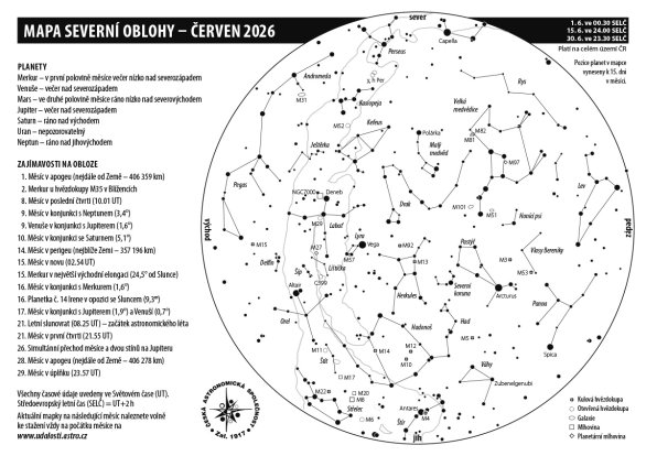 Mapa oblohy s úkazy v červnu 2026 Autor: Aleš Majer