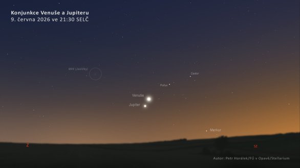 Konjunkce Venuše a Jupiteru 9. června 2026 doplní Merkur, Castor, Pollux a také hvězdokupa M44 (Jesličky) Autor: Petr Horálek/FÚ v Opavě/Stellarium Konjunkce Venuše a Jupiteru 9. června 2026 doplní Merkur, Castor, Pollux a také hvězdokupa M44 (Jesličky) Autor: Petr Horálek/FÚ v Opavě/Stellarium