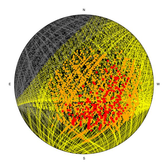 Tento diagram znázorňuje počet družic, které by byly viditelné nad dalekohledem VLT ESO, pokud by společnost SpaceX vypustila svou plánovanou konstelaci 1 milionu družic.
Výpočty byly provedeny přibližně dvě hodiny po západu slunce, tedy v době, kdy již panovala skutečná tma. Šedé tečky představují družice nacházející se ve stínu Země, a jsou tedy neviditelné, zatímco barevné tečky představují osvětlené družice. Oranžové tečky, kterých je téměř 2 000, odpovídají družicím jasnějším než 7. magnitudy – což je nejslabší jas viditelný pouhým okem z extrémně tmavých míst. Červené tečky, kterých je více než 200, představují družice jasnější než 5. magnitudy, což odpovídá nejslabším objektům viditelným pouhým okem z předměstských lokalit. Autor: ESO/O. Hainaut Tento diagram znázorňuje počet družic, které by byly viditelné nad dalekohledem VLT ESO, pokud by společnost SpaceX vypustila svou plánovanou konstelaci 1 milionu družic.
Výpočty byly provedeny přibližně dvě hodiny po západu slunce, tedy v době, kdy již panovala skutečná tma. Šedé tečky představují družice nacházející se ve stínu Země, a jsou tedy neviditelné, zatímco barevné tečky představují osvětlené družice. Oranžové tečky, kterých je téměř 2 000, odpovídají družicím jasnějším než 7. magnitudy – což je nejslabší jas viditelný pouhým okem z extrémně tmavých míst. Červené tečky, kterých je více než 200, představují družice jasnější než 5. magnitudy, což odpovídá nejslabším objektům viditelným pouhým okem z předměstských lokalit. Autor: ESO/O. Hainaut