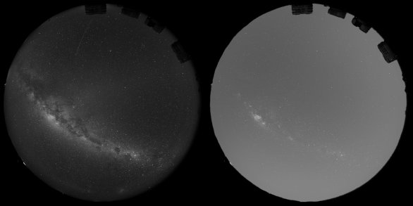 Tento obrázek znázorňuje, jak by sluneční světlo rozptýlené vesmírnými zrcadly společnosti Reflect Orbital zvýšilo celkovou jasnost oblohy nad dalekohledem VLT ESO.
Snímek vlevo byl pořízen kamerou pro snímání celé oblohy v bezměsíčné noci 16. května 2026. Sever je nahoře a západ vpravo. Vpravo nahoře jsou vidět kopule, v nichž jsou umístěny čtyři 8metrové dalekohledy VLT.
Obrázek vpravo je simulací, která ukazuje, o kolik by byla obloha jasnější s plnou konstelací 50 000 zrcadel společnosti Reflect Orbital. I když zrcadla nesměřují přímo na observatoř, rozptylují světlo do stran, které je pak dále rozptylováno atmosférou. Výsledkem by byla obloha až třikrát až čtyřikrát jasnější. Autor: ESO/O. Hainaut Tento obrázek znázorňuje, jak by sluneční světlo rozptýlené vesmírnými zrcadly společnosti Reflect Orbital zvýšilo celkovou jasnost oblohy nad dalekohledem VLT ESO.
Snímek vlevo byl pořízen kamerou pro snímání celé oblohy v bezměsíčné noci 16. května 2026. Sever je nahoře a západ vpravo. Vpravo nahoře jsou vidět kopule, v nichž jsou umístěny čtyři 8metrové dalekohledy VLT.
Obrázek vpravo je simulací, která ukazuje, o kolik by byla obloha jasnější s plnou konstelací 50 000 zrcadel společnosti Reflect Orbital. I když zrcadla nesměřují přímo na observatoř, rozptylují světlo do stran, které je pak dále rozptylováno atmosférou. Výsledkem by byla obloha až třikrát až čtyřikrát jasnější. Autor: ESO/O. Hainaut