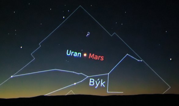 Mars a Uran v souhvězdí Býkana ranní obloze 4. 7. 2026 Autor: iQLANDIA/Luboš Havlan Mars a Uran v souhvězdí Býkana ranní obloze 4. 7. 2026 Autor: iQLANDIA/Luboš Havlan