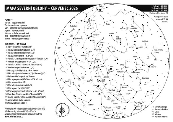 Mapa oblohy s úkazy v červenci 2026 Autor: Aleš Majer Mapa oblohy s úkazy v červenci 2026 Autor: Aleš Majer
