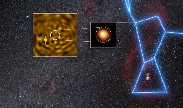 Pomocí dalekohledu VLT ESO pořídili astronomové dosud nejostřejší snímek objektu, který je pravděpodobně hvězdou Betelgeuse B obíhající kolem Betelgeuse. Snímek uprostřed tohoto obrázku byl pořízen v lednu 2019 pomocí přístroje SPHERE na dalekohledu VLT ESO a zachycuje samotnou Betelgeuse. Snímek v levém výřezu byl pořízen v prosinci 2024, kdy se podle předpovědí měla doprovodná hvězda nacházet ve největší vzdálenosti od Betelgeuse, jak je vidět ze Země. V tomto výřezu byla Betelgeuse odstraněna, čímž se odhalil zdroj (označený křížkem), který odpovídá Betelgeuse B. Autor: ESO/M. Montargès et al. Background: N. Rissinger (skysurvey.org)