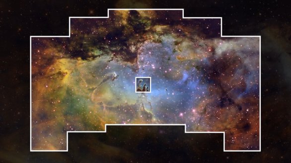 Zorné pole infračervené kamery WFI dalekohledu Nancy Grace Roman v porovnání se zorným polem kamery WFC 3 HST Autor: NASA Zorné pole infračervené kamery WFI dalekohledu Nancy Grace Roman v porovnání se zorným polem kamery WFC 3 HST Autor: NASA