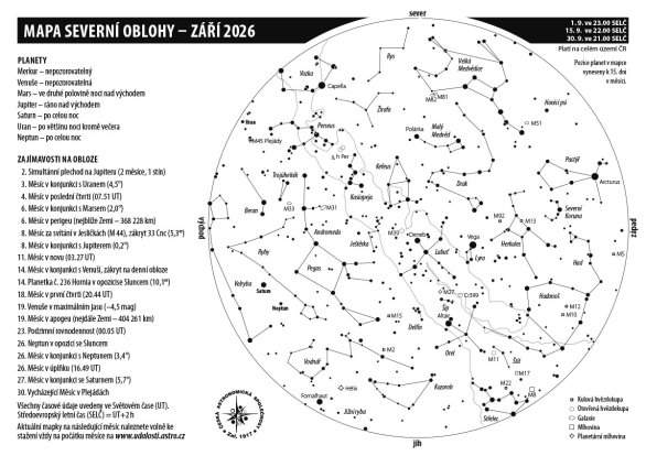 Mapa oblohy s úkazy v září 2026 Autor: Aleš Majer