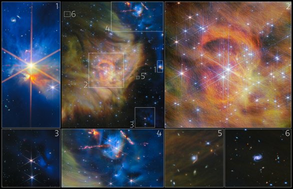 Oblast tvorny hvězd IC 348 s vyznačenými zajímavými oblastmi ve snímku Autor: ESA/Webb, NASA, CSA, K. Luhman, C. Alves De Oliveira, M. Zamani (ESA/Webb)