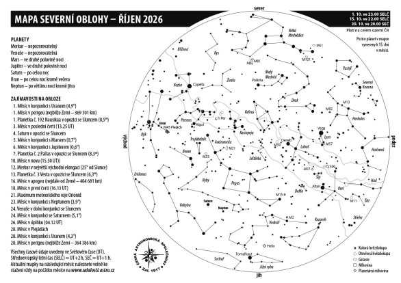 Mapa oblohy s úkazy v říjnu 2026 Autor: Aleš Majer Mapa oblohy s úkazy v říjnu 2026 Autor: Aleš Majer