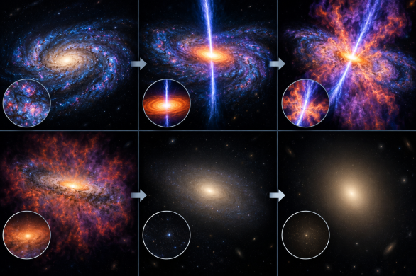 Kvazar ovlivňující hvězdný vývoj galaxie Autor: AI