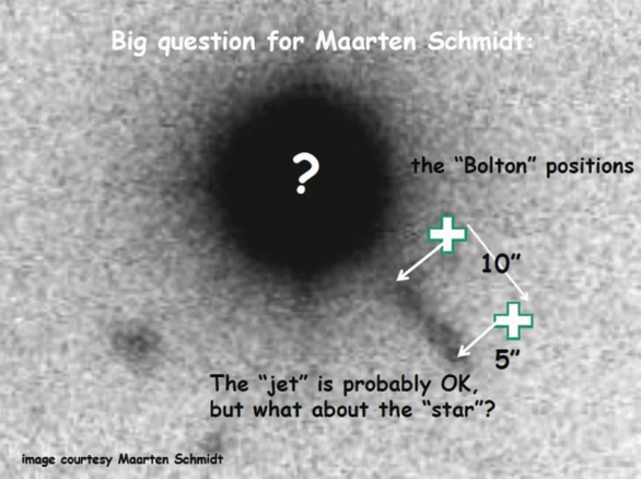 3c 273 skrze objektiv Palomarské observatoře - je uprostřed hvězda? Autor: Maarten Schmidt 3c 273 skrze objektiv Palomarské observatoře - je uprostřed hvězda? Autor: Maarten Schmidt