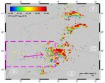 Pozice blesků z detektorů LINED, oblast zájmu a přibližný směr taneční skupiny Red sprites. Autor: Jozsef Bór