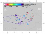 Pozice blesku z detektoru LINED (čísla ve výpisu z detektoru) a pozice jednotlivých sprites (písmena ve vývoji tančících Red sprites). Autor: Jozsef Bór