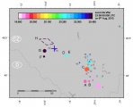 Pozice blesku z detektoru LINED (čísla ve výpisu z detektoru) a pozice jednotlivých sprites (písmena ve vývoji tančících Red sprites). Autor: Jozsef Bór