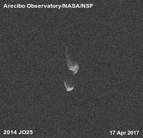 Blízkozemní planetku 2014 JO25 si 17. dubna 2017 osahal i radioteleskop Arecibo. Na animaci vidíme, že jde téměř o dvojici samostatných těles, což jak se zdá, není ve světě planetek a kometárních jader nic neobvyklého Autor: Arecibo Observatory/NASA/NSF