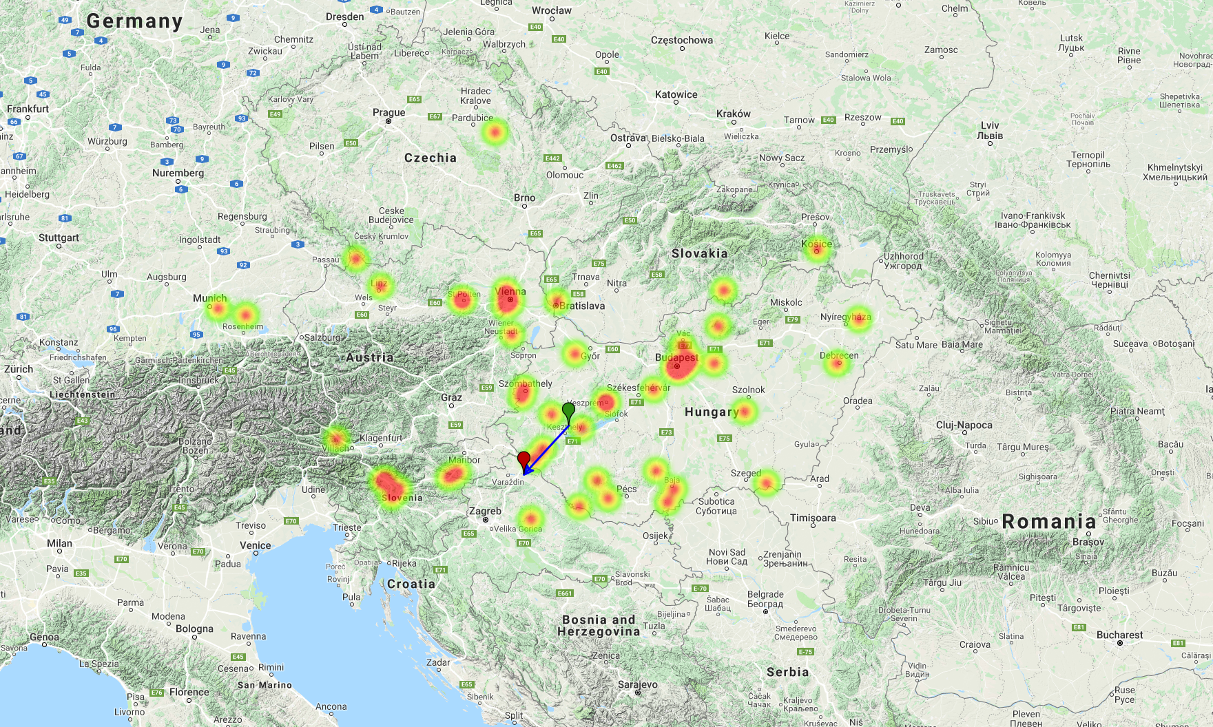 Obr.D2: Mapa „hustoty“ hlášení vizuálních pozorování bolidu v Česku, Rakousku, Německu, Maďarsku, Slovinsku, Chorvatsku a na Slovensku. Autor: IMO