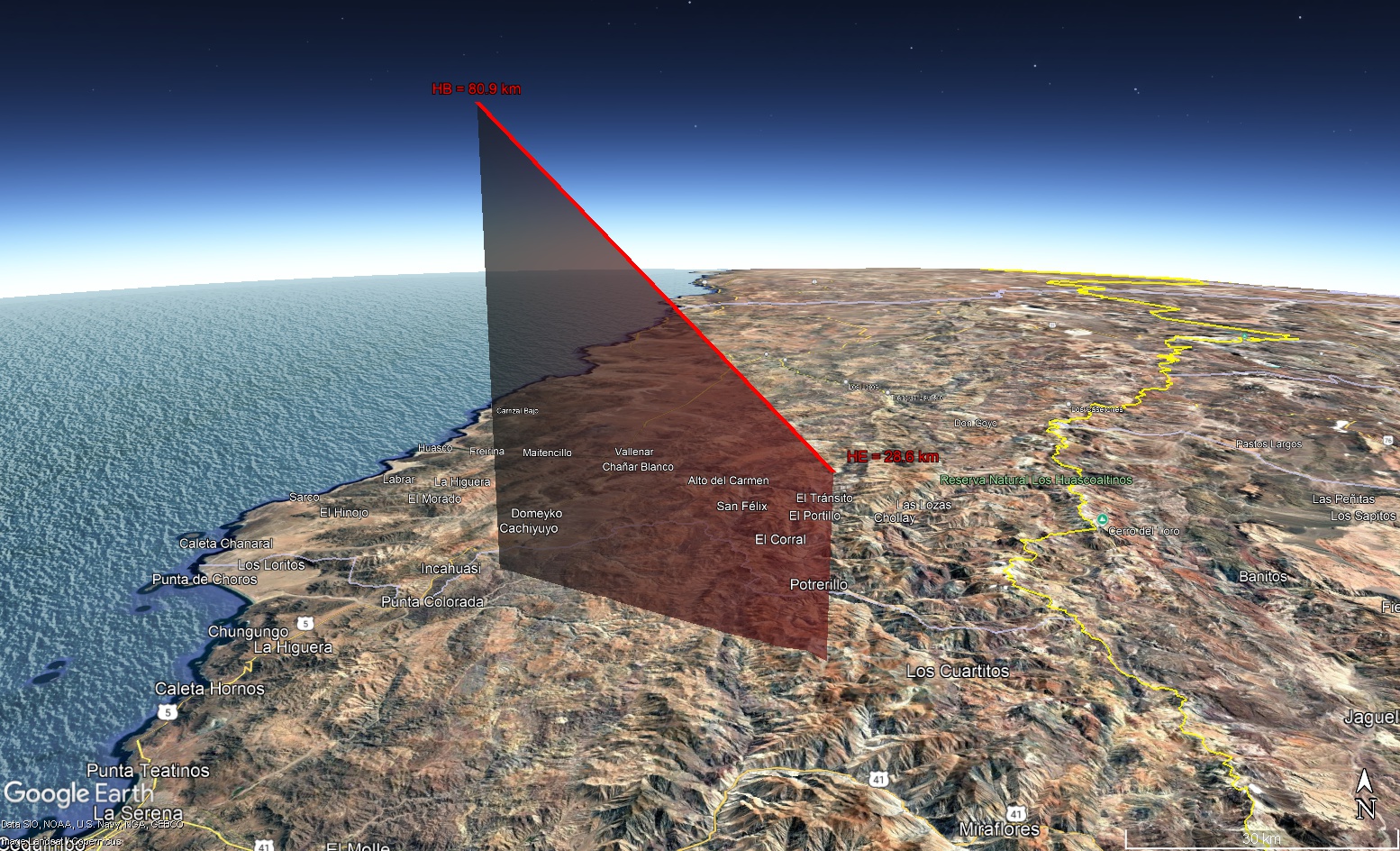 Obr. 5: 3D projekce atmosférické dráhy bolidu CM20251202_074441 na povrch Země. Počáteční část ablační dráhy bolidu nebyla kamerami SSO VMO zaznamenána. Zdroj mapového podkladu: Google LLC.